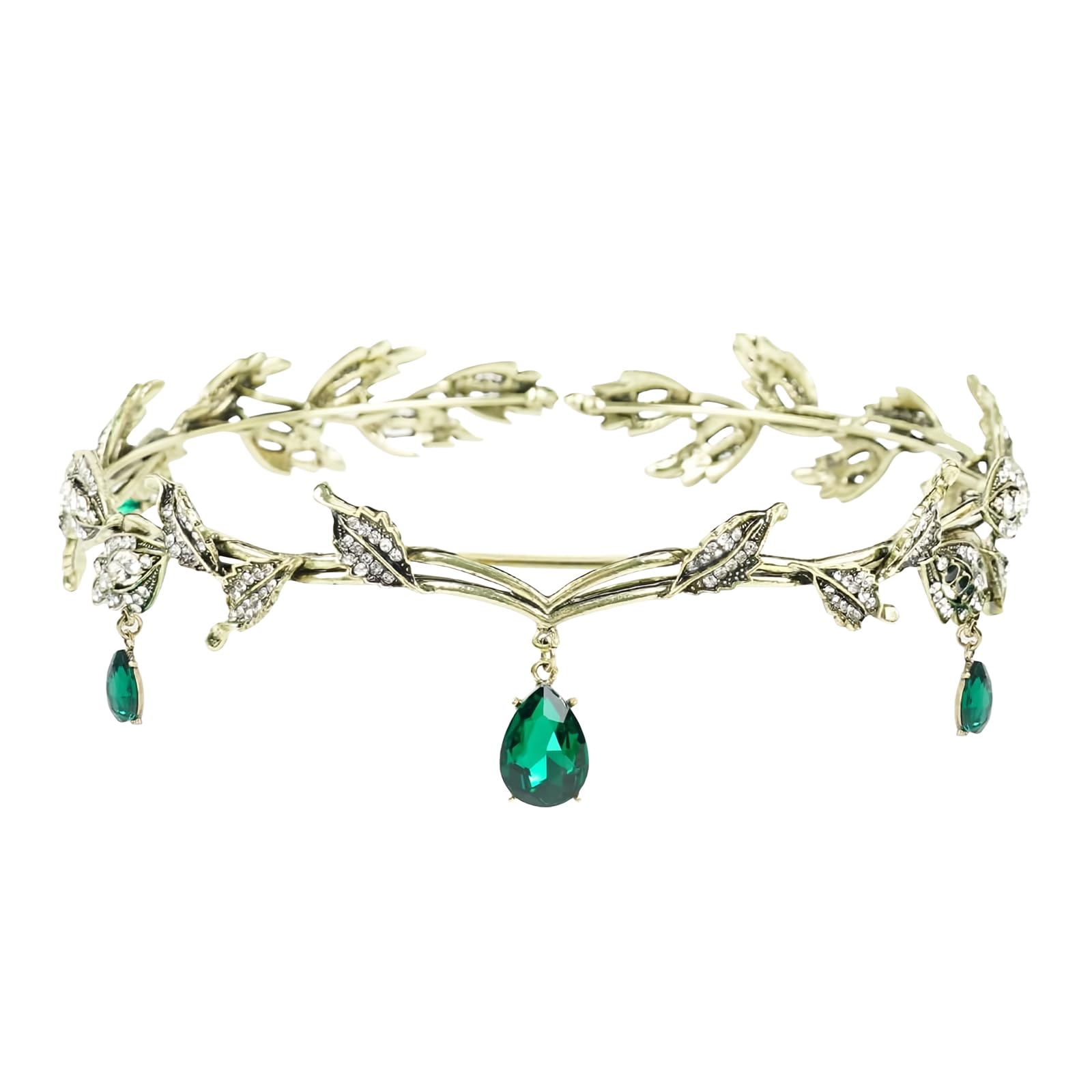 Diyxisk Elf Fantasy tiara, Retro Elf Renaissance Rhinestone and Leaves Fashion Crown, Bridal Queen