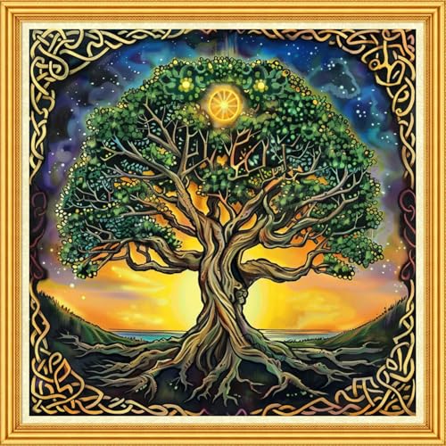 Image of Foxhool Stamped Cross Stitch Kits,11CT Printed Cross Stitch Pattern Full Embroidery Kits for Beginner Needlepoint Kits-Magic Tree 18x18 inch