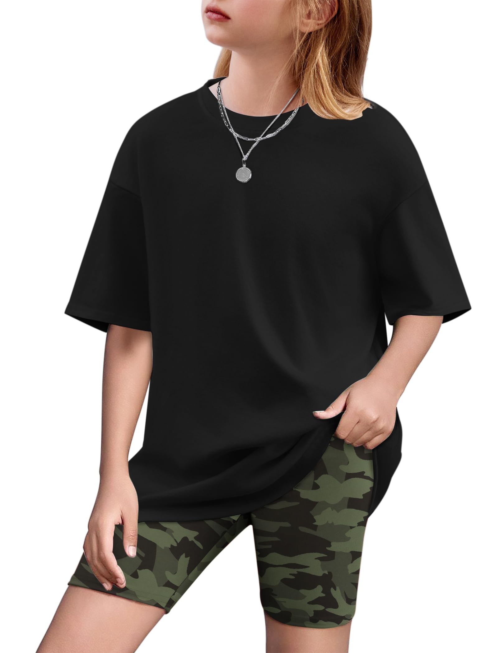 Arshiner Girls Clothes Summer 2 Piece Outfits Drop Shoulder T-Shirts and Biker Shorts Kids Fashion Clothing Sets