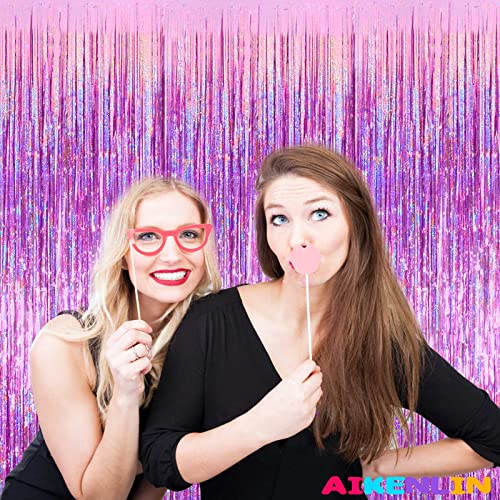 Image of 4 Pack 3.2Ft x 8.2Ft Pink Foil Fringe Curtain Backdrop, Metallic Tinsel Foil Fringe Streamers Curtains Background for Photo Booth, Birthday, Wedding, Disco, Bachelorette, Christmas Party Decoration