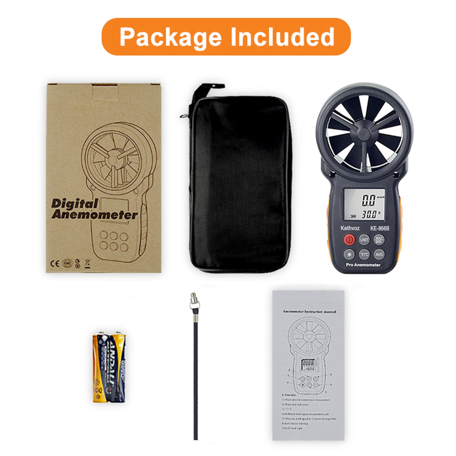 Kethvoz Anemometro Portatile Misuratore di Vento Digitale, Indicatore di Velocità del Vento Air Flow Meter per Windsurf, Volo di Drone, Vela, Pesca, HVAC Condotto di Aerazione