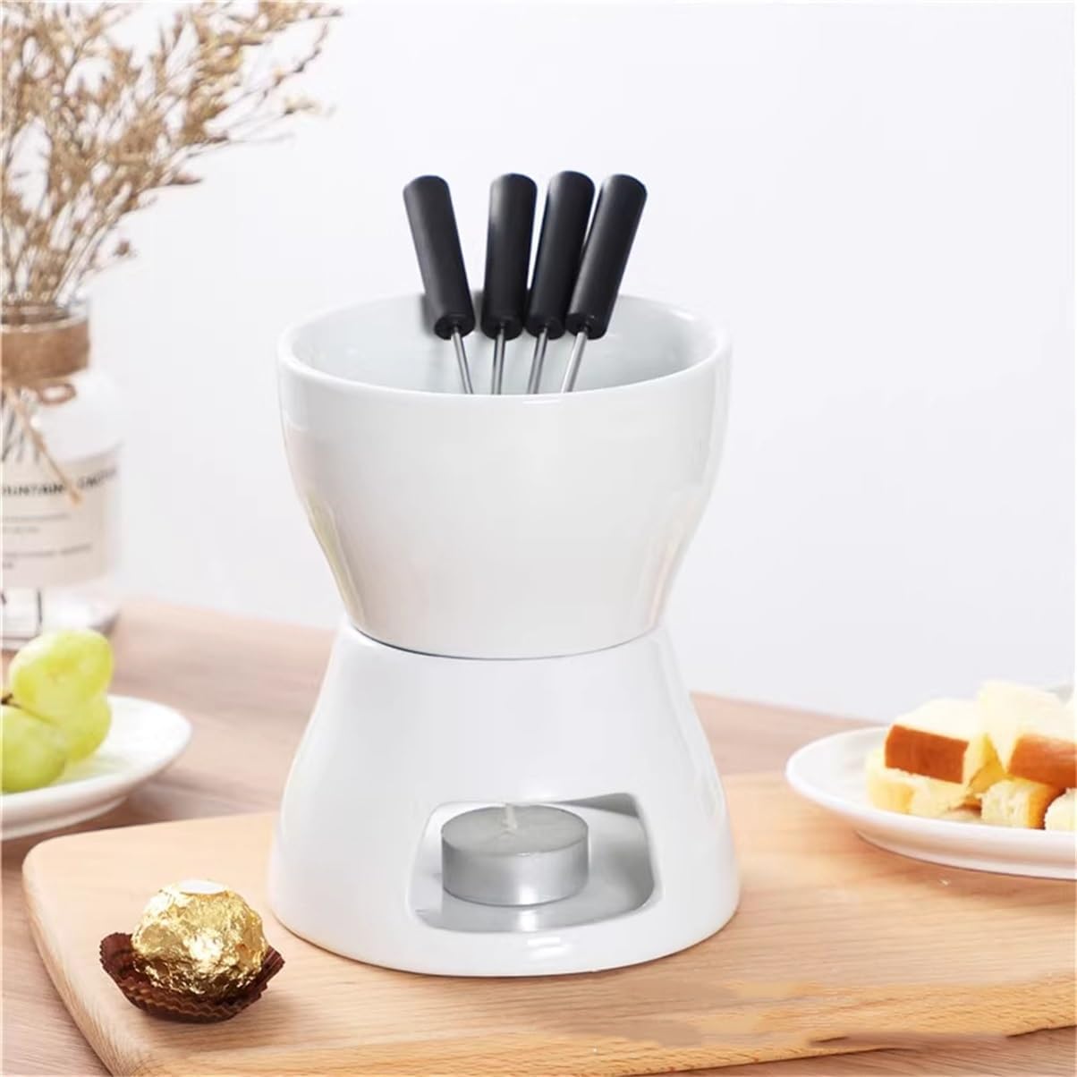 Portable Cheese Fondue Pot with Forks: Ceramic Hot Pot Heating Stove, Ultra-Flexible for Chocolate & Ice-Cream Melting, Easy to Clean