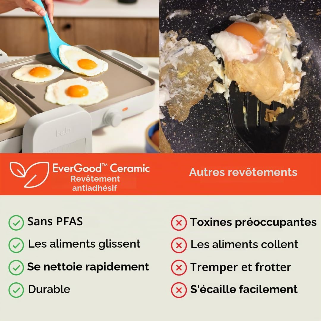 Bella - Plancha en céramique pliable et pliable de 25,4 x 50,8 cm, s'adapte à n'importe quel endroit des ustensiles de cuisine, revêtement antiadhésif en céramique EverGood, 2 zones de température