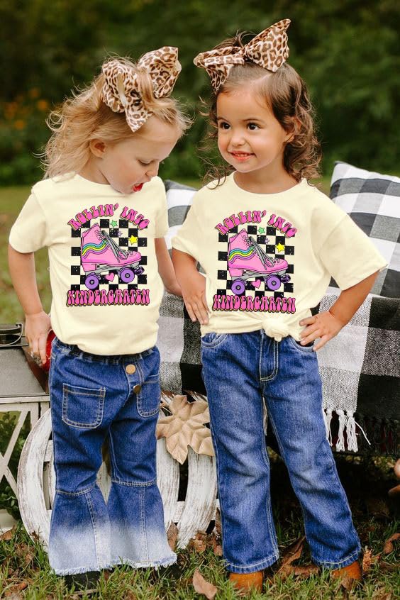 First Day of Kindergarten Shirt: Boys Girls Rollin Into Kindergarten Tshirt Kids 2025 Back to School Gift Tee Tops2