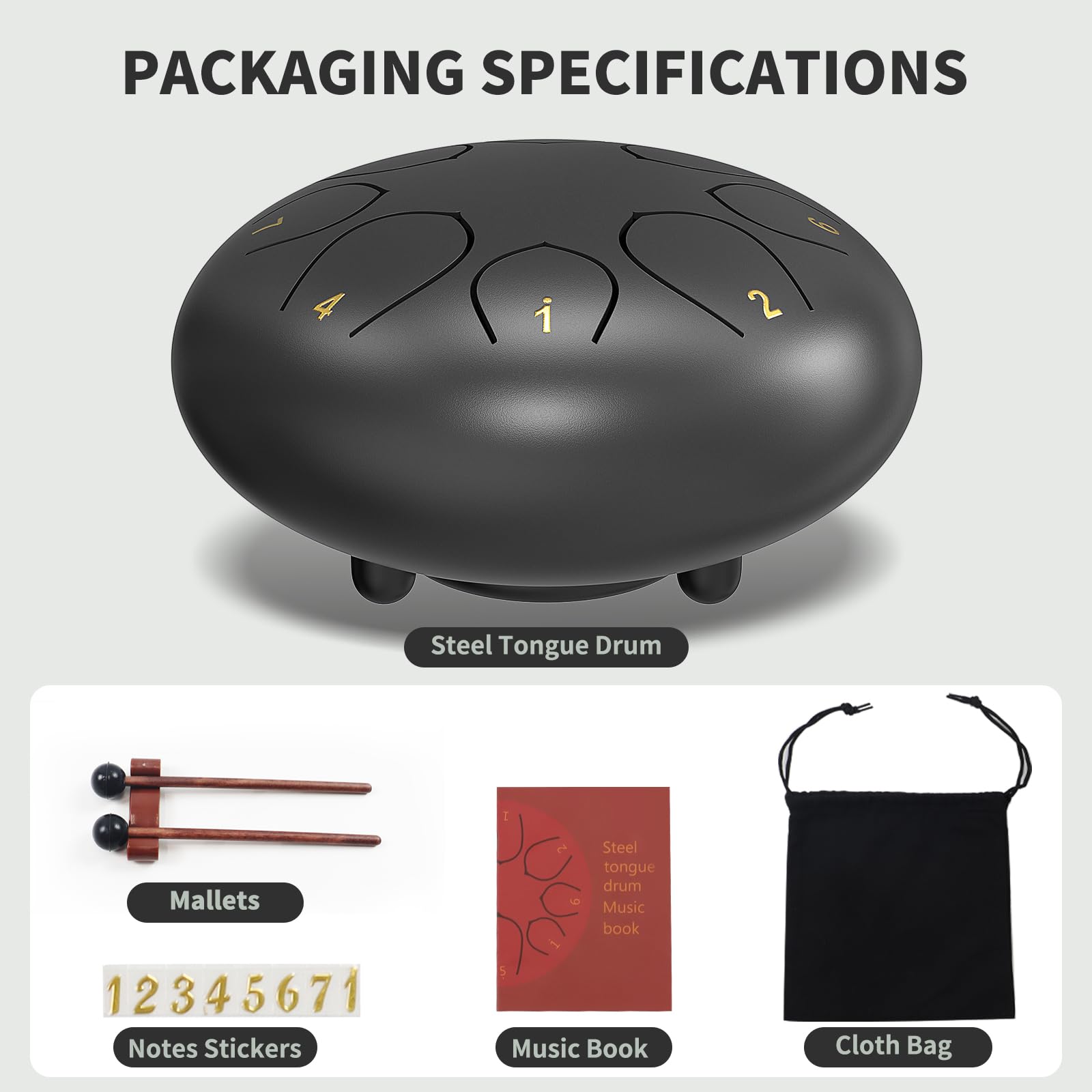 Rain Drum for Outside Garden, 6 Inches 8 Notes Steel Tongue Chakra Drums, Waterproof Echo Rain Chime Meditation Drums, Musical Instruments for Adult Gift with Bag, Music Book, Drum Mallets (Black) 3