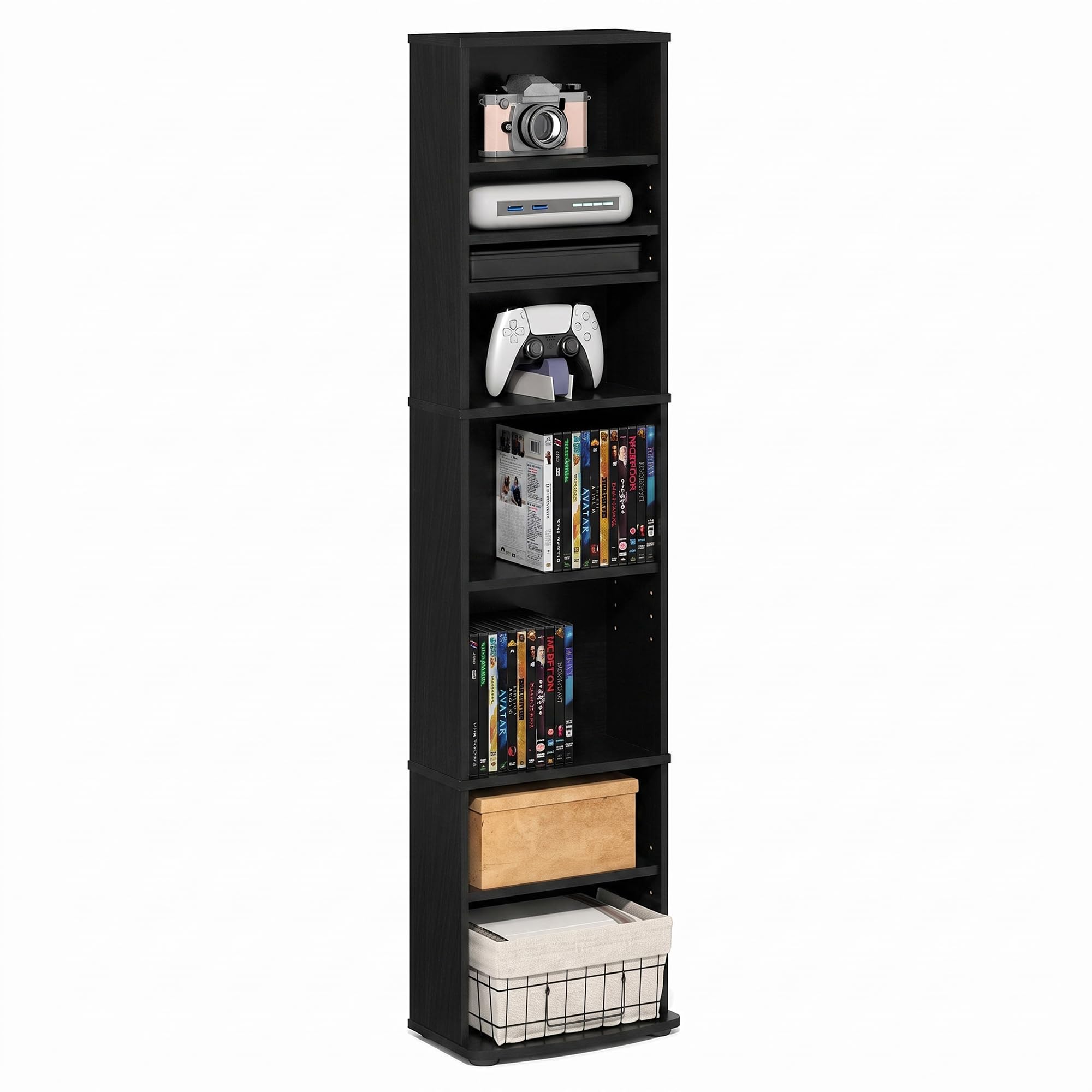 Furinno JAYA DVD Shelf, 8-Tier Tall Narrow CD Rack, Media Shelf with Adjustable Shelves, DVD Storage Cabinets for CD Bluray Game Disc, Easy Assembly, for Living Room, Home Office, Espresso