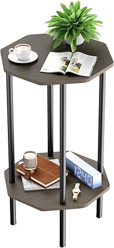 Mesa auxiliar, mesa auxiliar octogonal para espacios pequeños, mesita de noche con 2 estantes de almacenamiento, soporte de mesa pequeño para