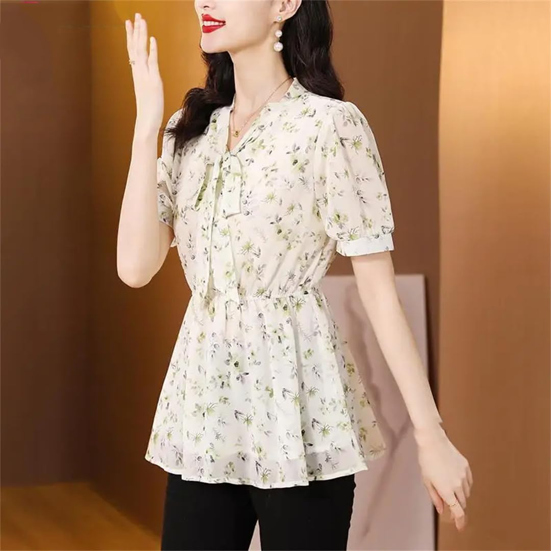 Camicette estive da donna con coulisse in vita e fiocco con stampa floreale