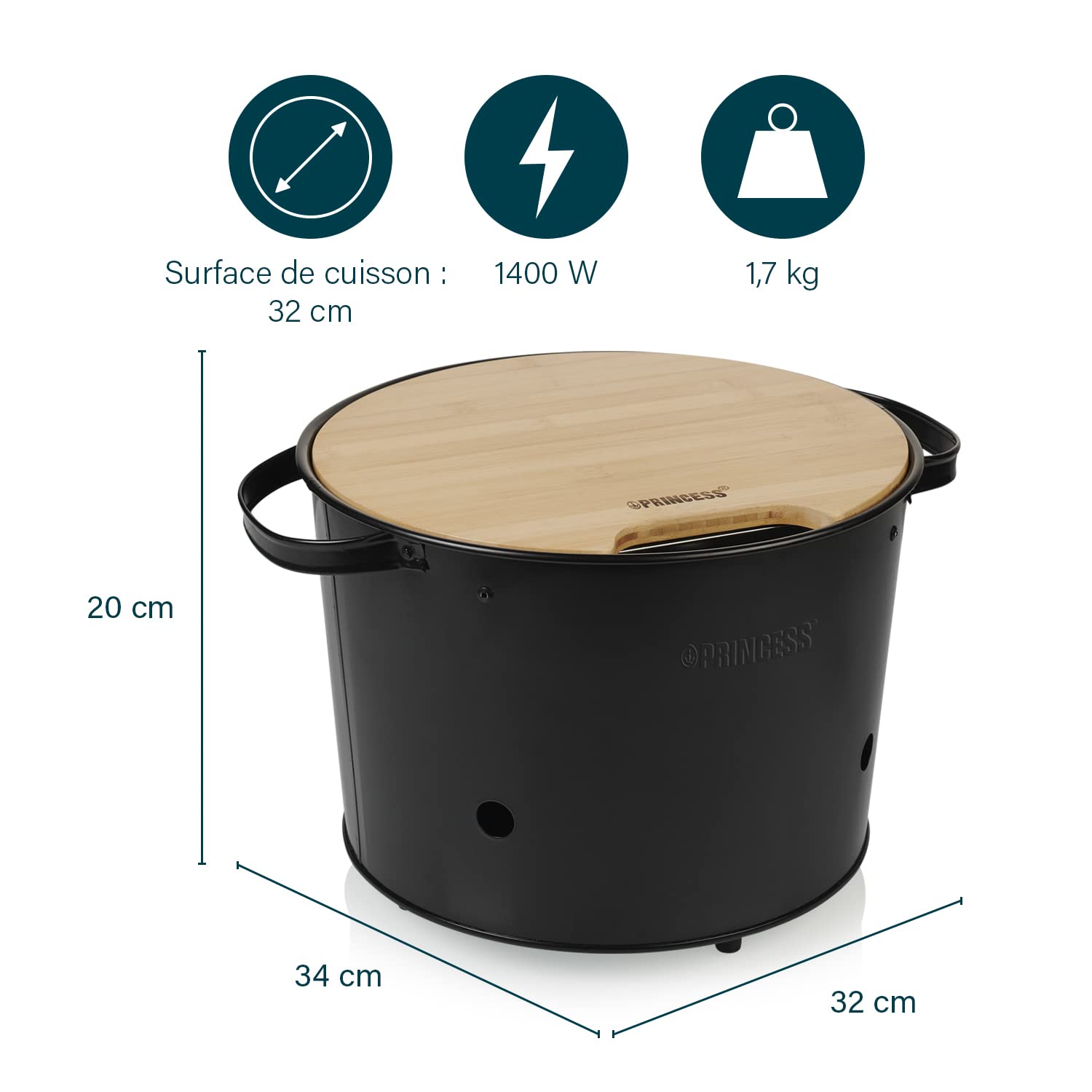Barbecue Princess - À charbon de bois ou électrique - Portable & Polyvalent - Surface de cuisson Ø 32 cm - 1 400 W