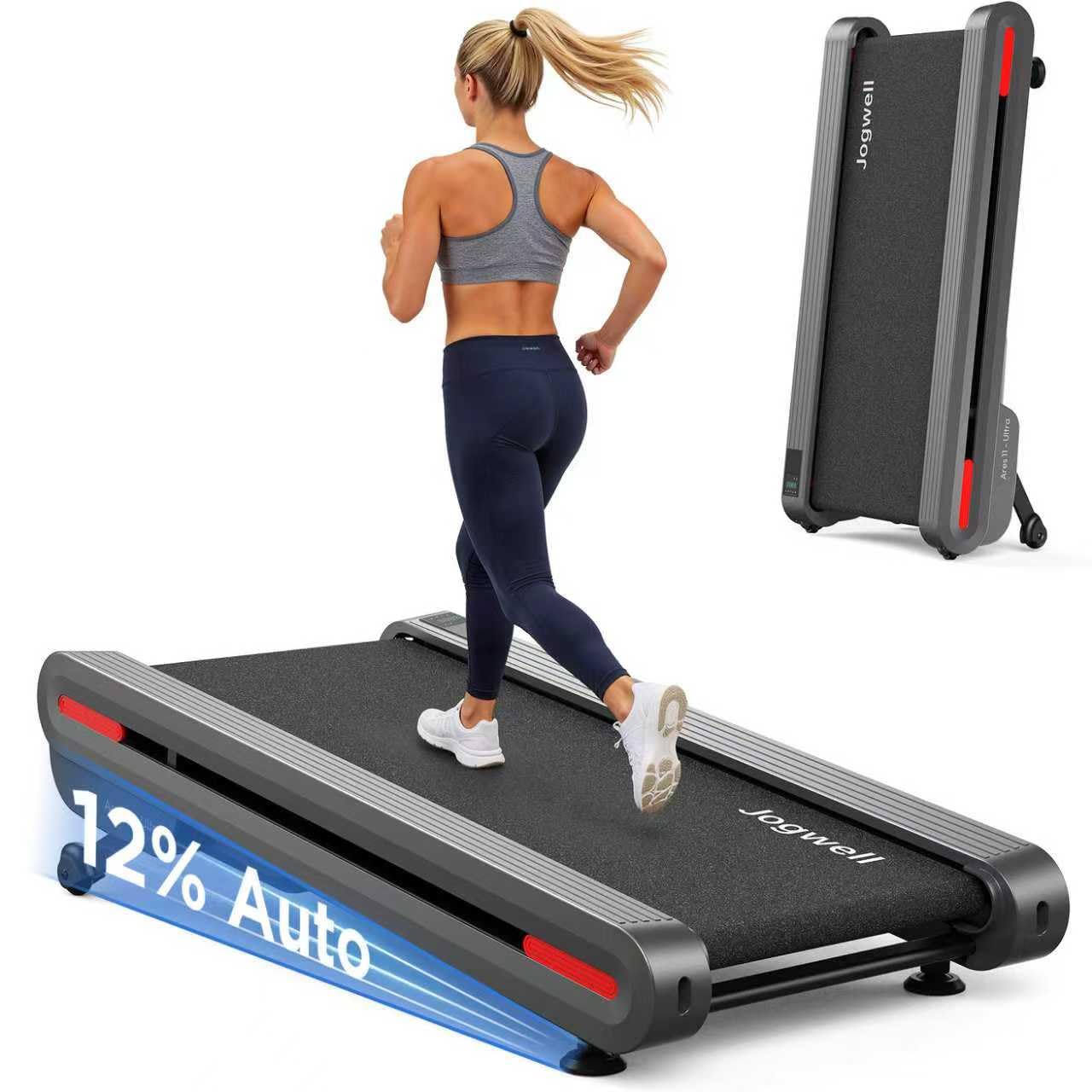 Jogwell Walking Pad Treadmill with 20%/15%/12% Auto Incline, Max 400/350lbs Capacity Treadmills for Home Office Under 35dB, Spacious Running Area, Vertical Storage, 3/3.5HP Brushless, APP