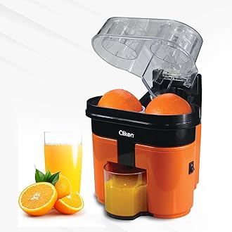Clikon 2 in 1 Citrus Juicer with Dual Squeezer Technology, One Touch Operation, Built-in Citrus Slicer, 90 Watts, 2 Years Warranty, Orange and Black - CK2258