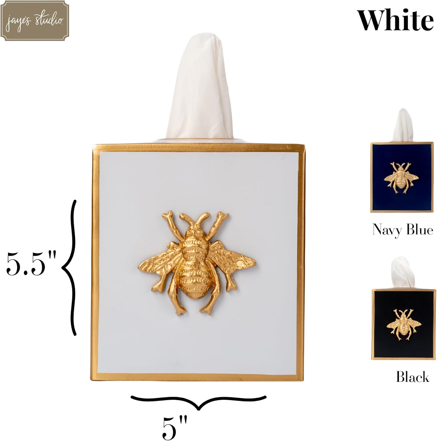 Jaye’s Studio Decorative Tissue Box Holder for Bathroom Accessories Gold, Metal Tissue Box Cover Square, Modern Regency Line Bee Detail, French Farmhouse Decor for Home Tissue Cover (6x5x5, White)