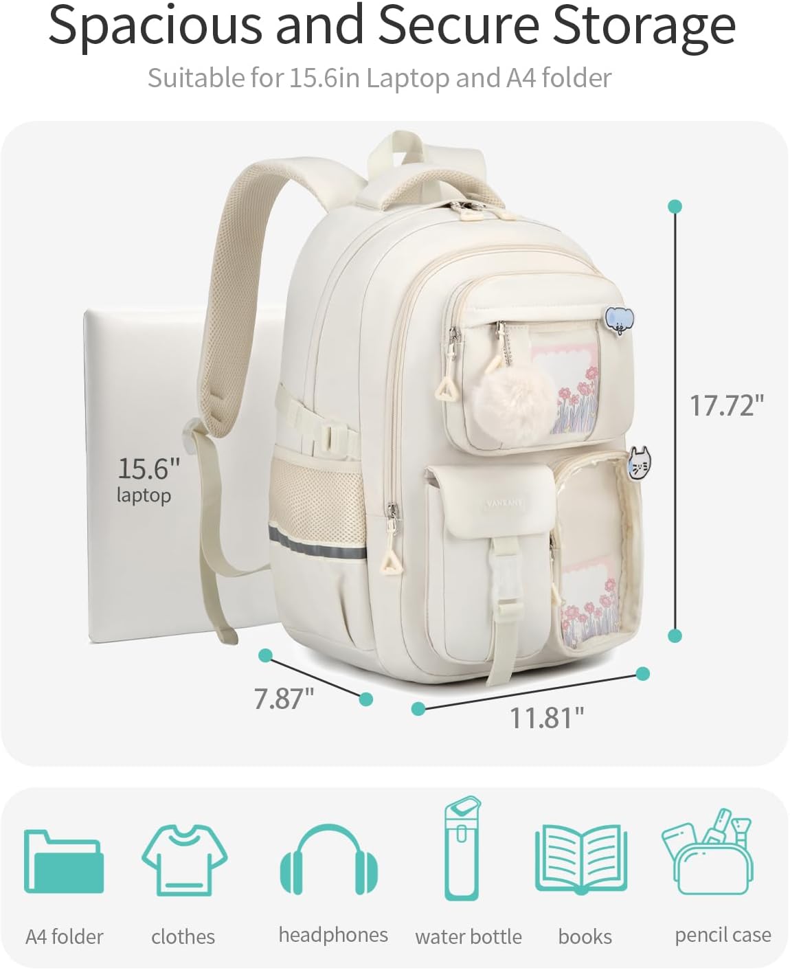 Backpack for Teen Girls, Cute Aesthetic School Backpacks with Accessories for Middle High School Students, Designer Backpack for Kids Bookbag, Beige - Image 4