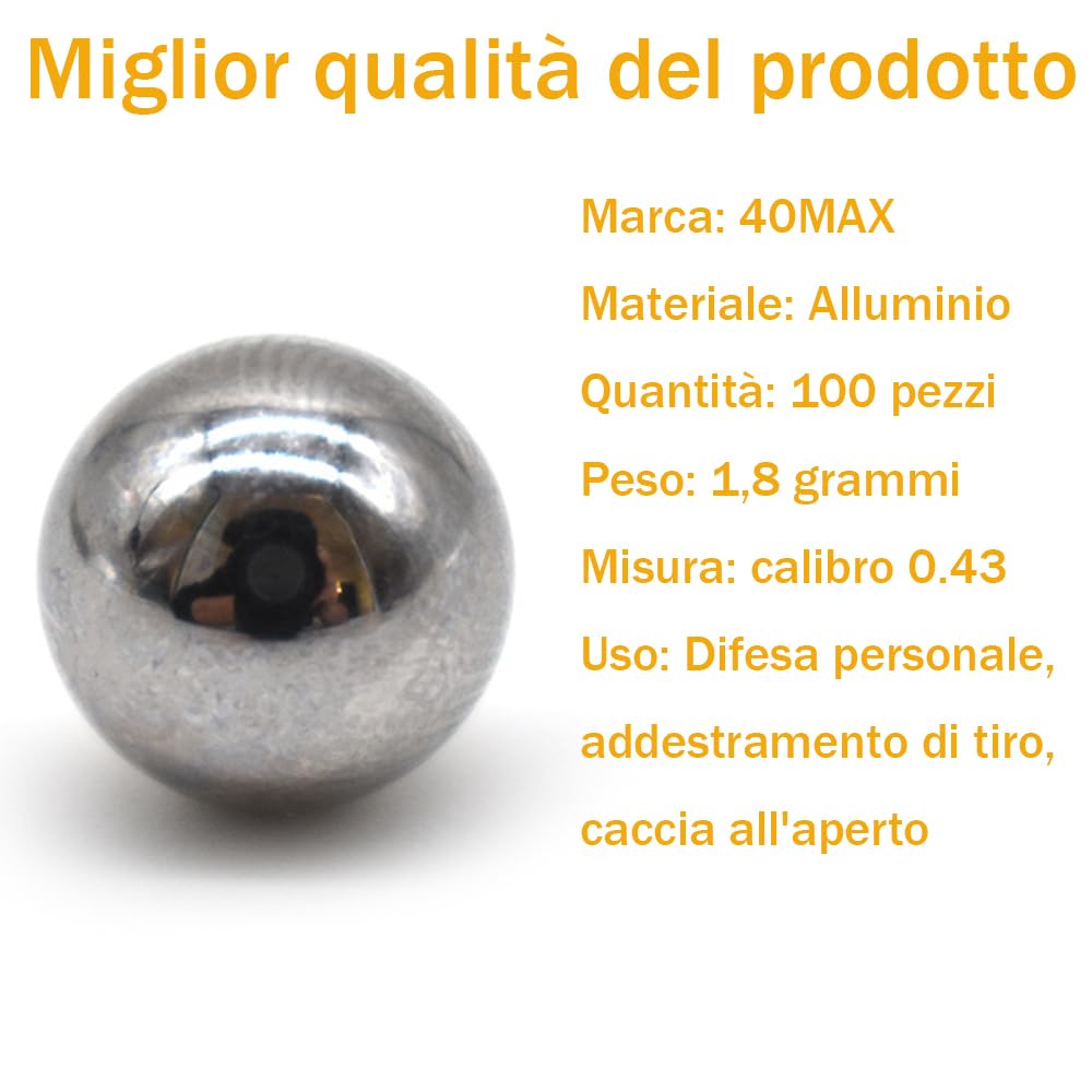 50 Pezzi .43 cal Paintball in Alluminio Massiccio calibro 0,43, 1,8 Grammi, Palline per Autodifesa per PPQ, TPM1, TPM2, T4E, HK 416D, Gen5, RAM