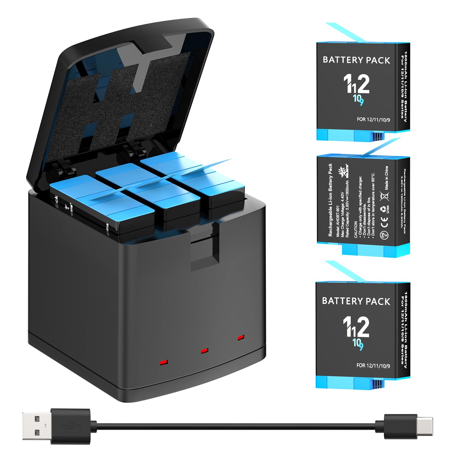 melasta per GoPro Hero 12/11/10/9 Series Batteria Fotocamera, Tre batterie ricaricabili da 1800 mAh, caricatore e custodia di ricarica (3 Batteria + 1 Caricatore)