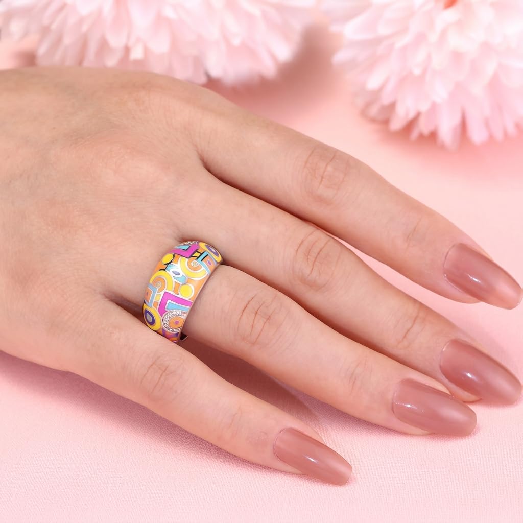 Jeulia Damen Sterling Silber Ring Mehrfarbig Emaille Blumen Geometrisch Diamant Band Ring für Frauen Mädchen Breiter Ring Party Schmuck Personalisierte Anniversary Geschenk
