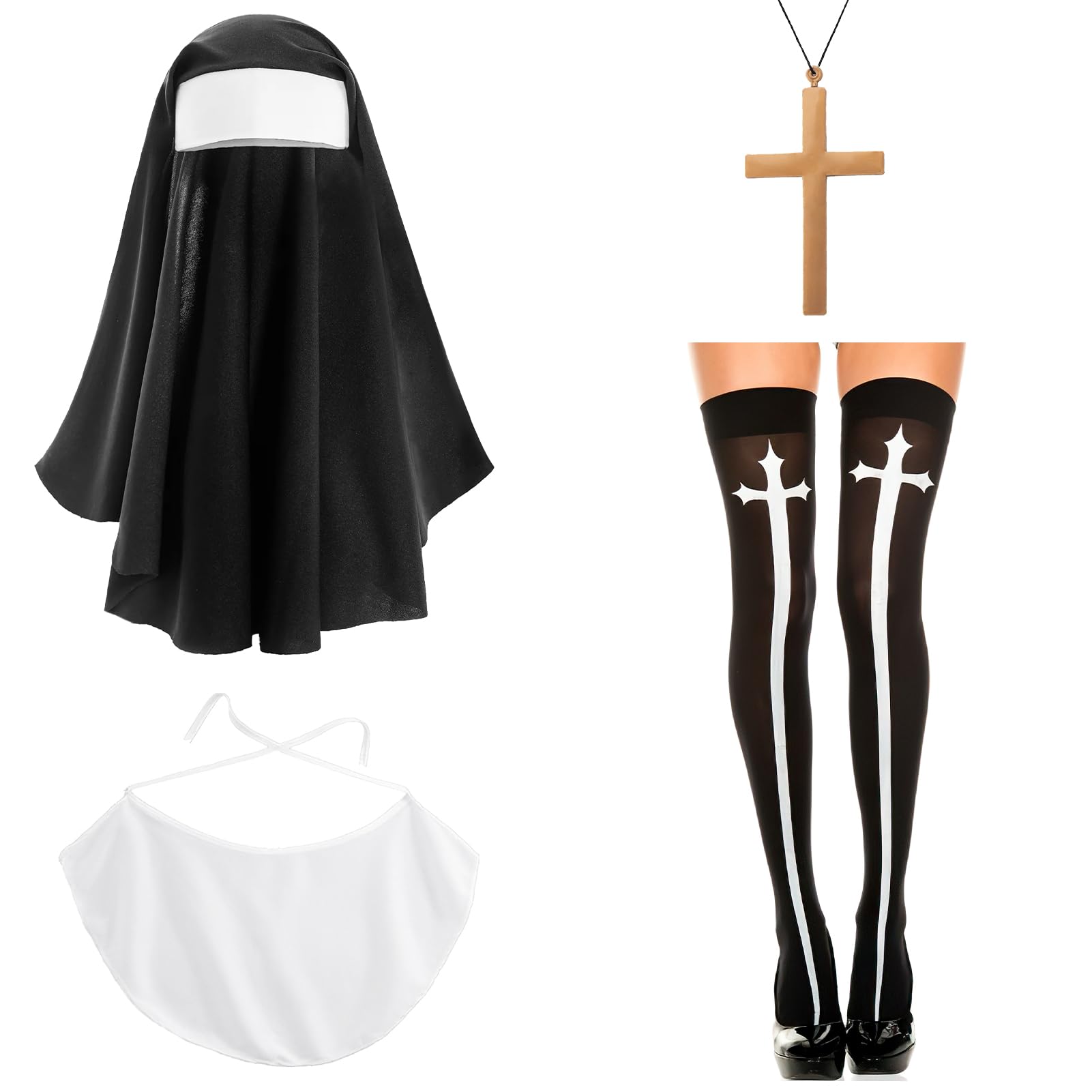 ShiBaiY Nun Costume, Black with Dress, Halloween Headdress, Saints and Sinners Fancy Dress Set including Veil