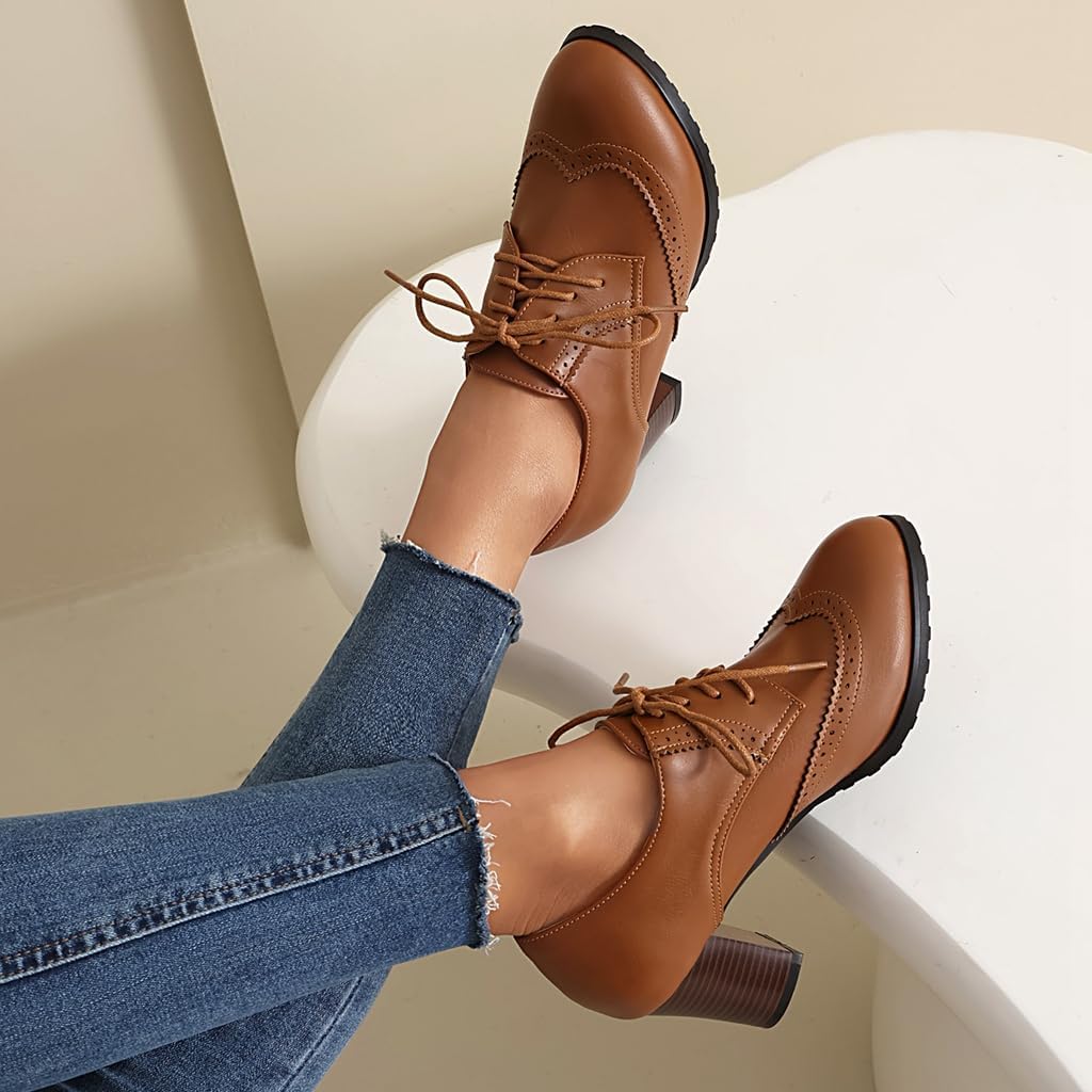 Women's Lace Up Wingtip Oxford Pumps Brogues Perforated Chunky Block High Heel Vintage Dressy Shoes