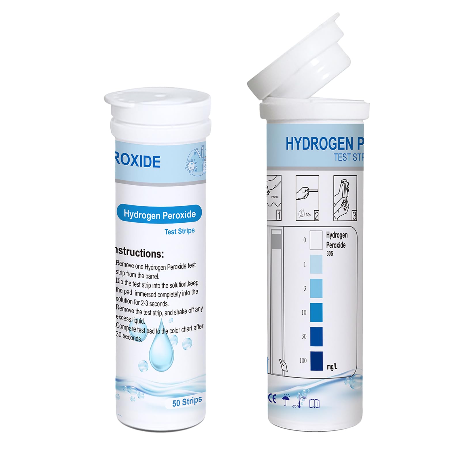 Tiras Reactivas de Peróxido de Hidrógeno 0–100 mg/L, Lectura 30s, Inmersión 2s, 50 Unidades – Test H₂O₂ para Piscina, Spa, Agua Potable, Limpieza y Desinfección