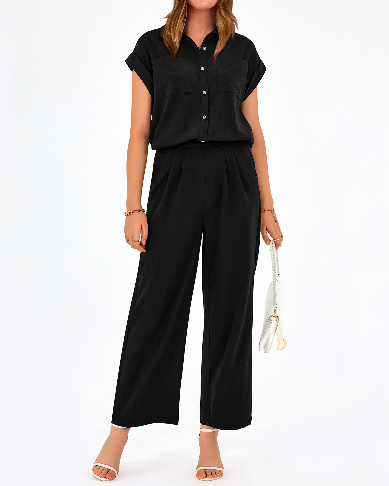 PRETTYGARDEN - Conjunto de 2 piezas para mujer, manga casquillo, pantalones palazzo, elegante, casual, vacaciones, viajes, trajes deportivos