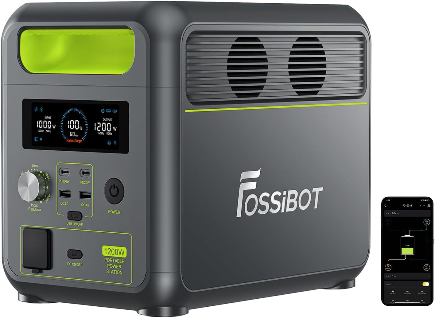 FOSSiBOT Station F1200 solaire LiFePO4 1024 Wh, générateur 2x1200 W (pointe 2400 W), 100 W USB-C, 0-100 % en 45 min, camping, camping-car
