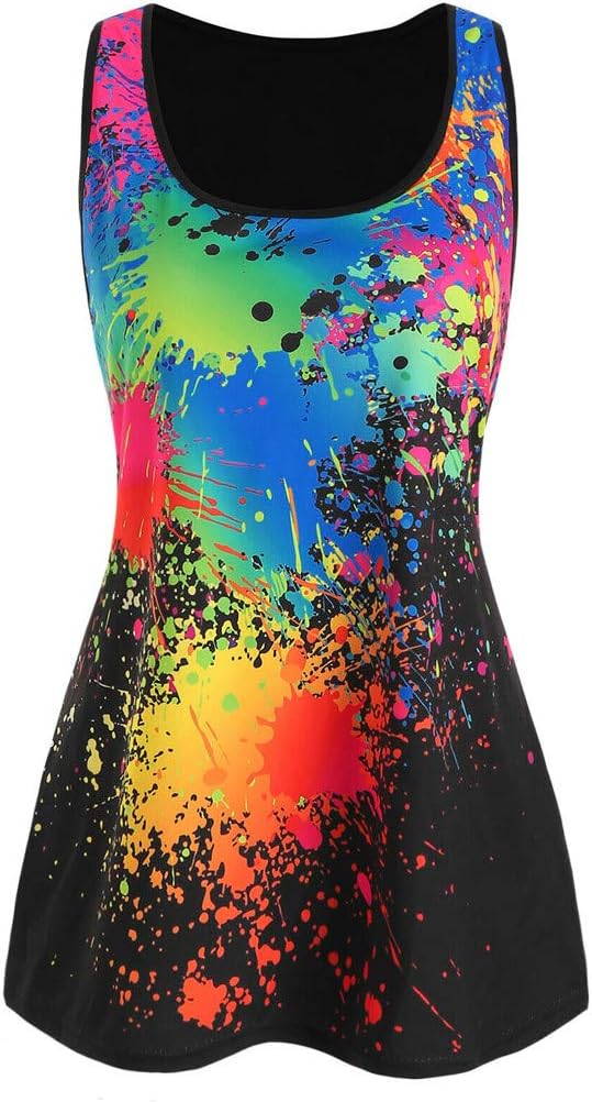 Womens Paint Splatter Sleeveless Scoop Neck Flowy Loose Fit Racerback Tank Top