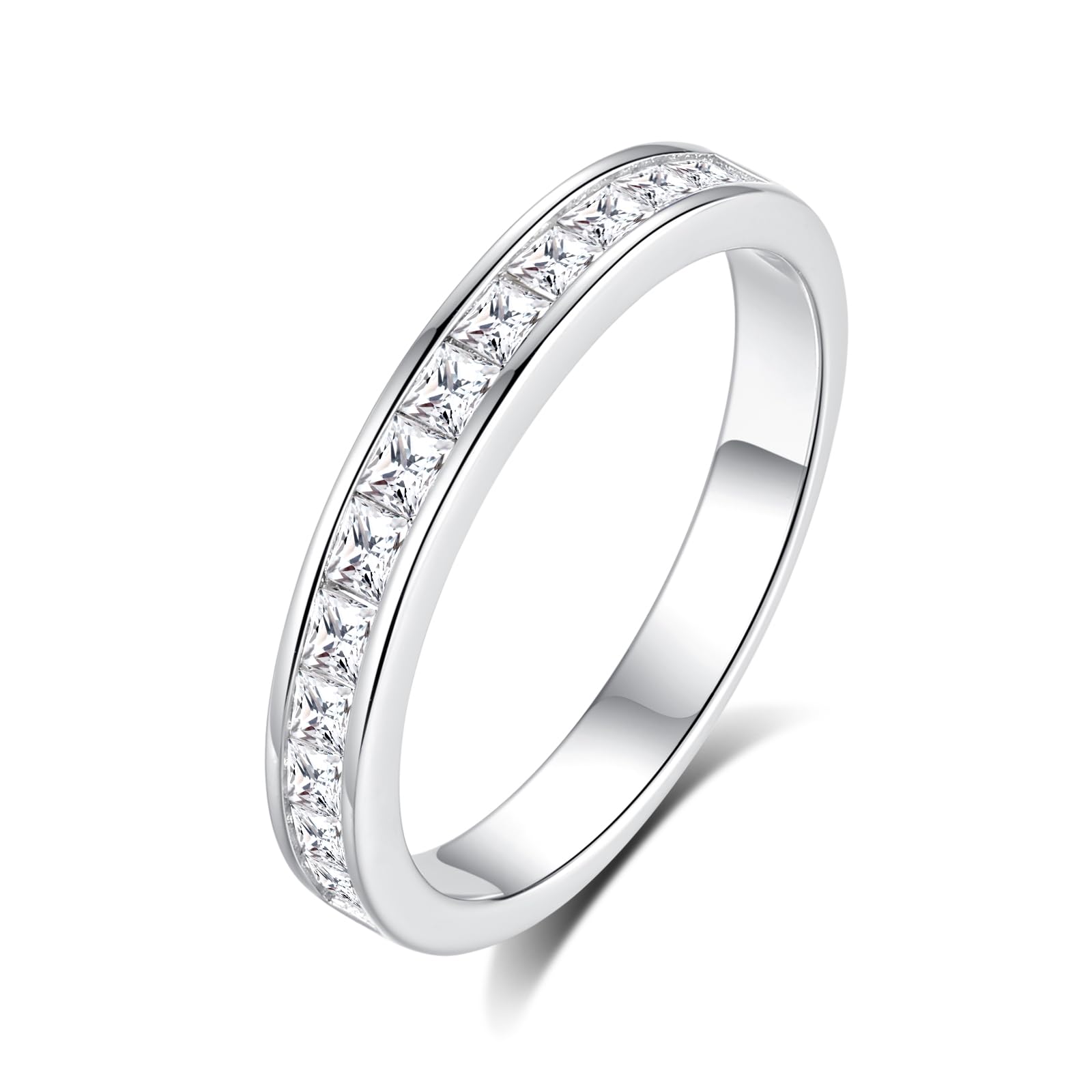 CACESTONE Moissanite Wedding Band Ring, 3mm Wdith Half Eternity Moissanite D Color VVS1 Simulated Diamond Rings 925 Sterling Silver Channel Setting,