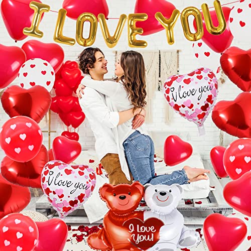 Image of 55 Pack Valentine's Day Balloons with 1000 Pcs Silk Rose Petals - I LOVE YOU Balloons, Heart Balloons, Love-Bear Balloon for Anniversary Valentine Day, Romantic Decorations Special Night for Bedroom