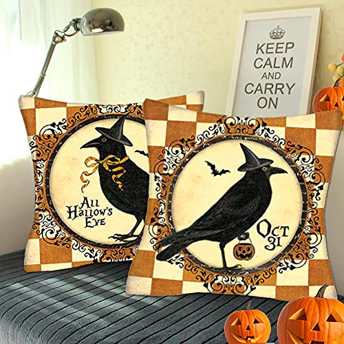 Halloween Decor Throw Pillow Covers 18X18 Set Of 2 Oct 31 Farmhouse Vintage Halloween Decorative Pillow Covers Halloween Crow Orange Plaid Pillow Cushion Covers For Home Holiday Sofa Chair Decor #TOP6