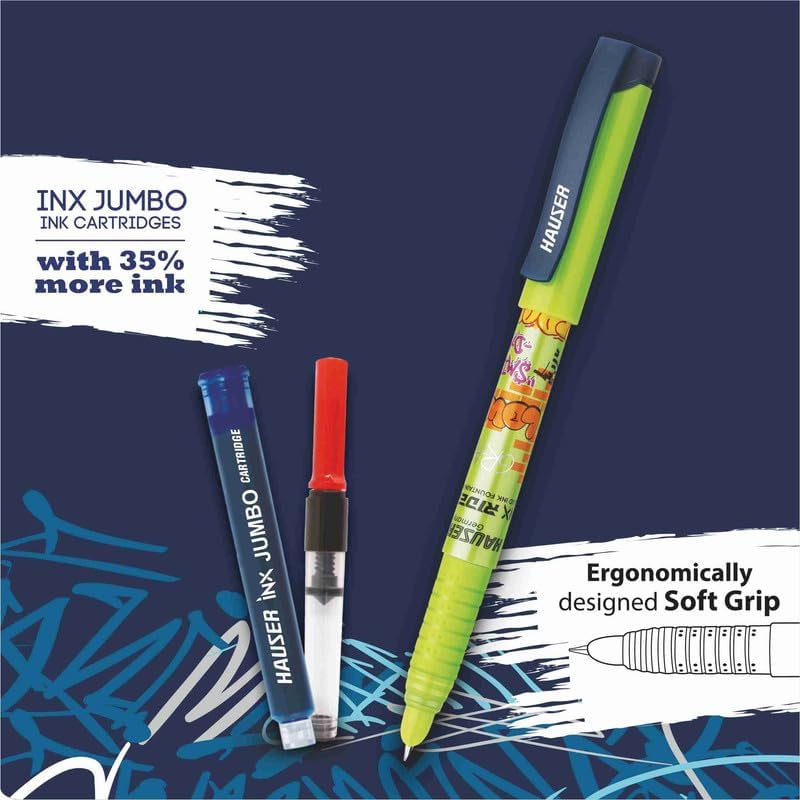 Hauser Inx Rider Fountain Pen | Smooth Cushioned Nib With Iridium Tip | Comfortable Rubber Grip | Blue Ink, Pack Of 4 - Body Color May Vary