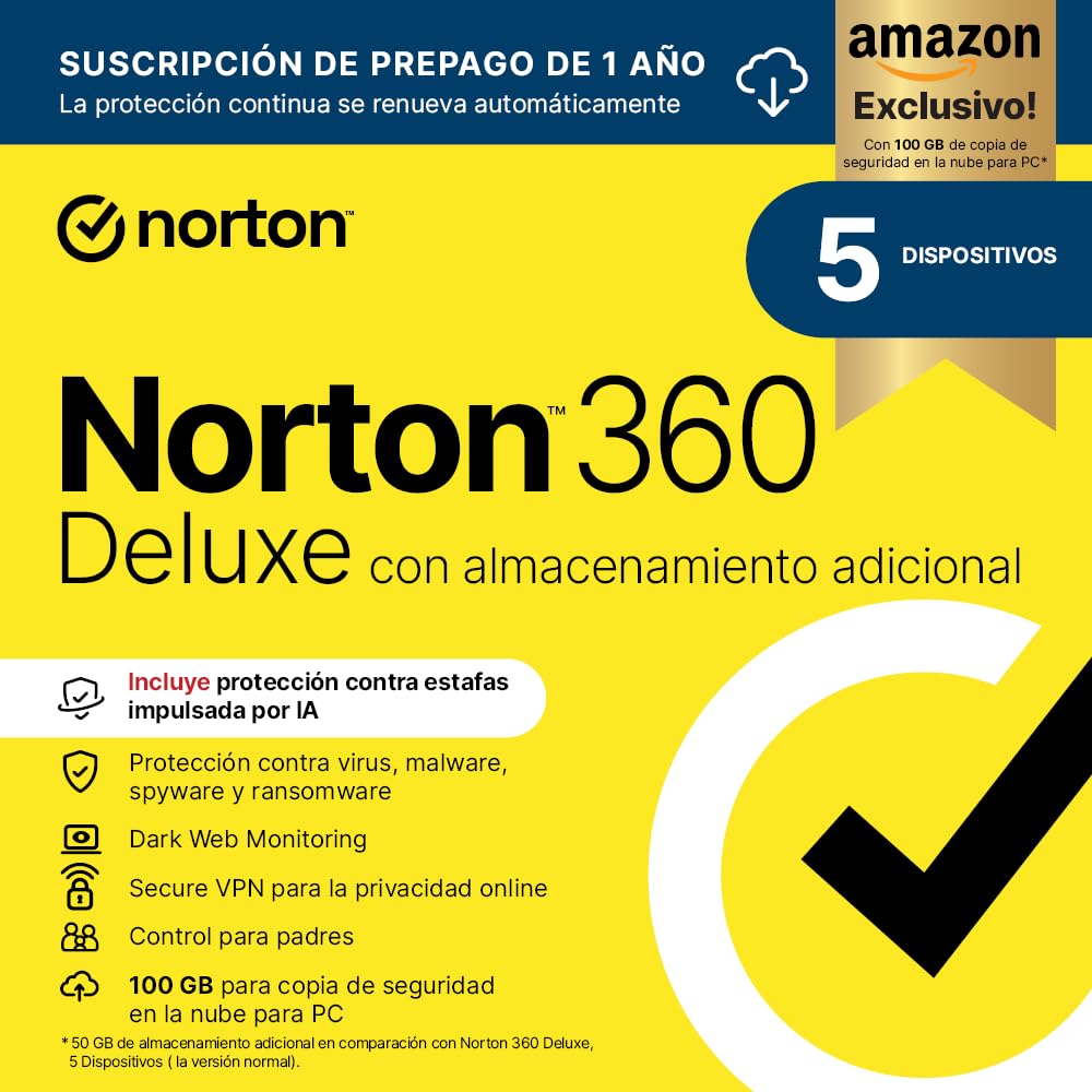 Norton 360 Deluxe Exclusivo Amazon*|Antivirus 5 Dispositivos|1 año con renovación automática| Descarga digital