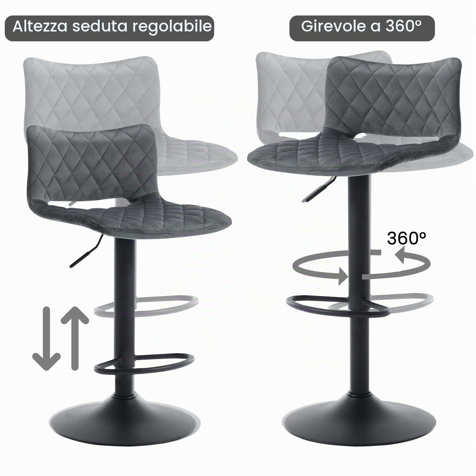 WOLTU Sgabelli da Bar 2, Sedie Alte con Schienale, Velluto, Grigio Scuro | Sedie Alte da Bar, Regolabili in Altezza, Sgabello Girevoli con Poggiapiedi, Imbottiti, per Isola Cucina Bar