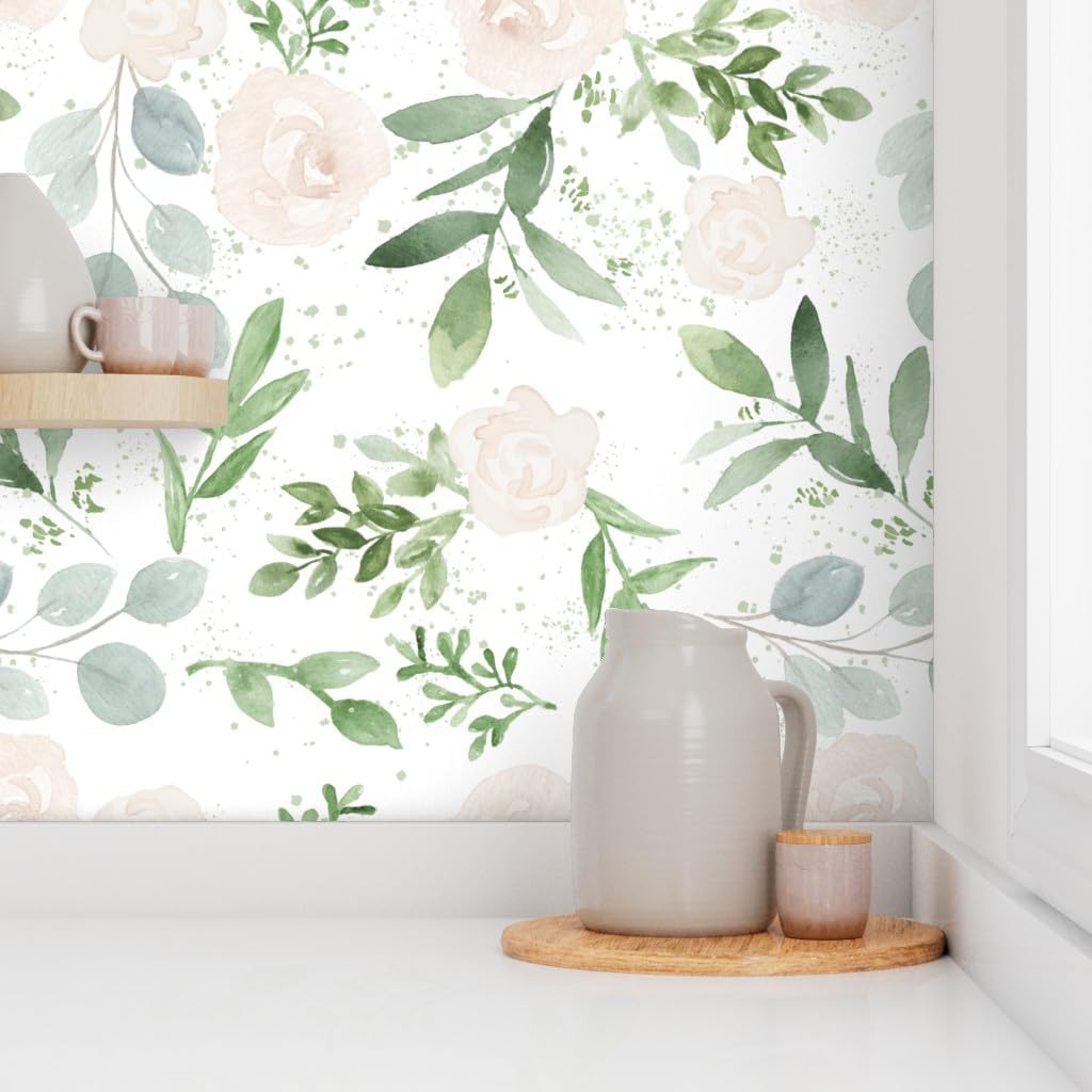 Peel & Stick Wallpaper 12ft x 2ft - Watercolor Flowers Soft Pink Wedding Eucalyptus White Roses Gardening Floral Botanical Garden Custom Removable Wallpaper by Spoonflower