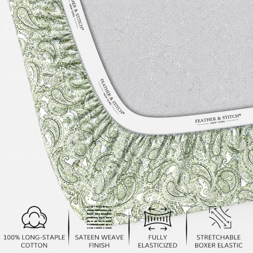 Image of Feather & Stitch Printed 500 TC King Size 4pc Damask Bed Sheet Set, 100% Soft Cotton Breathable Bedsheets, 18 inch Deep Pockets Sateen Weave Bedding Mattress Hotel Luxury Decor - Olive Green Paisley