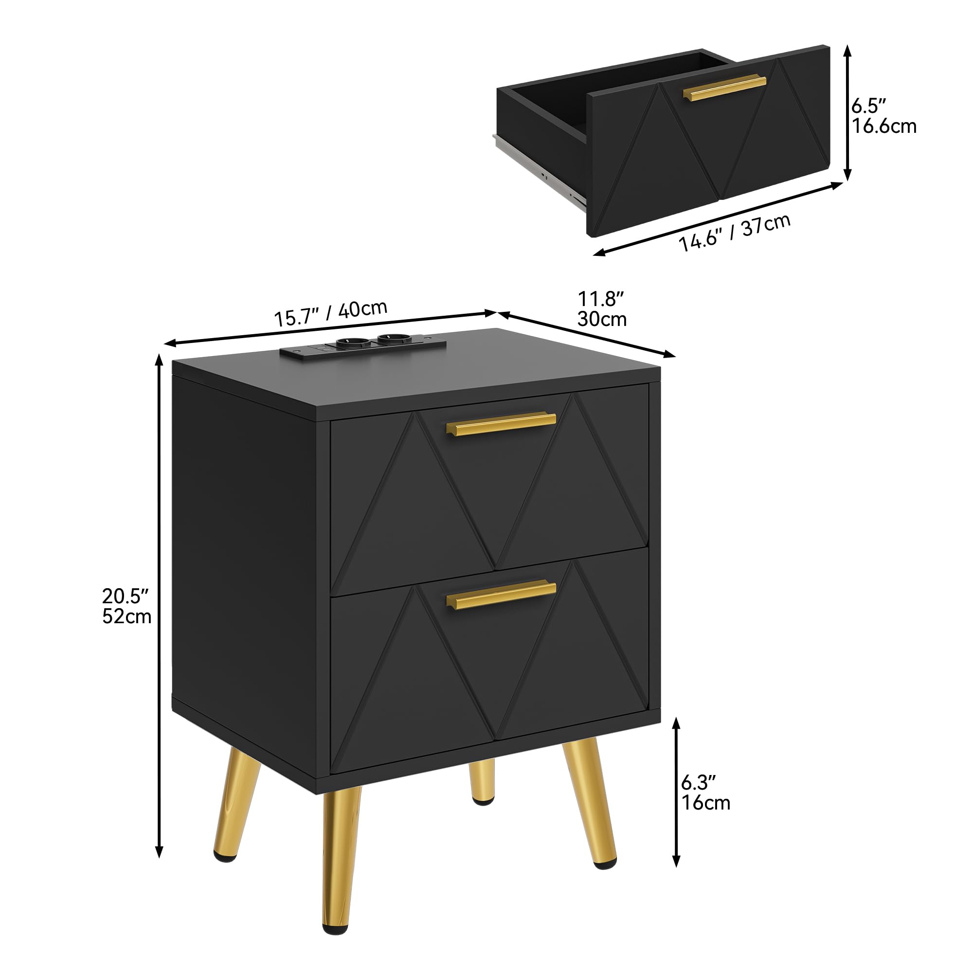 YITAHOME Table de Chevet avec 2 Tiroirs, 2 Ports USB et 2 Prises de Courant, Table d'Appoint avec Pieds et Poignées en Métal Doré, Bout de Canapé pour Salon, Chambre à Coucher, 40x 30 x 52cm, Noir