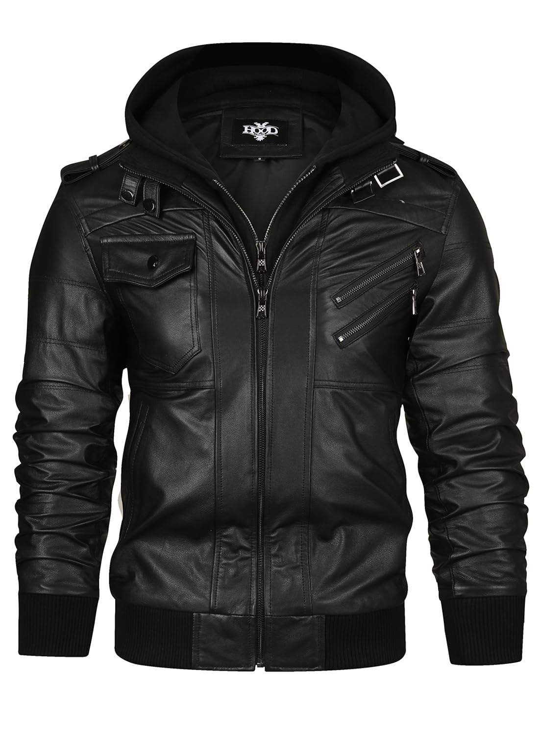 HOOD CREW Echtes Lederjacke Herren Rindsleder Bikerjacke Wintermäntel mit Kapuze für Herren
