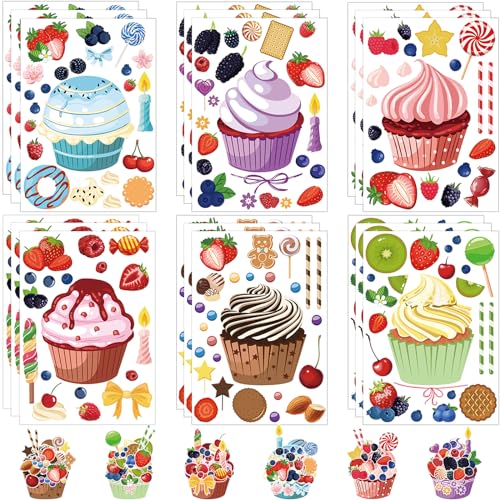 30 Sheets Tea Party Stickers Game for Kids Cute Make Your Own Cupcake Stickers Sweets and Fruit Treats Party Supplies for Classroom Ice Cream Birthday DIY Art Crafts Decor