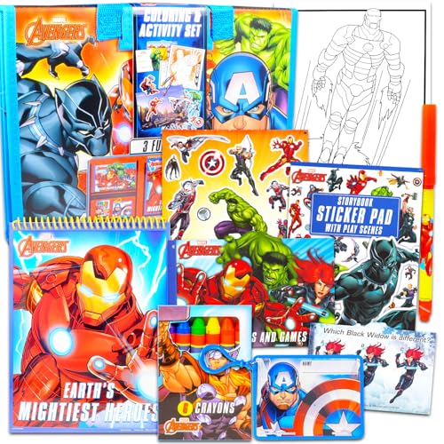 Kit de desenho dos Vingadores Marvel Conjunto de atividades dos Vingadores – Conjunto de 30 peças de artes e artesanato dos Vingadores, com bloco de desenho dos Vingadores, lápis de cor, adesivos dos Vingadores e mais (estojo de arte dos Vingadores da Marvel)