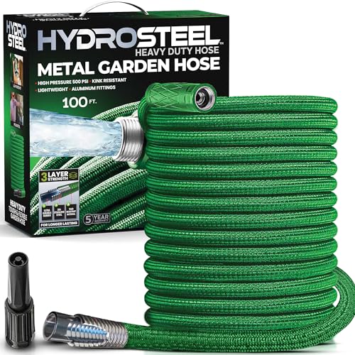 HYDROSTEEL Metal Garden Hose 100 Ft with Nozzle, Water Hose 100Ft, Heavy Duty 3x Layer Stainless Steel Flexible 100 Ft Garden Hose, Lightweight, Easy to Coil, Garden Hoses 500 PSI AS SEEN ON TV