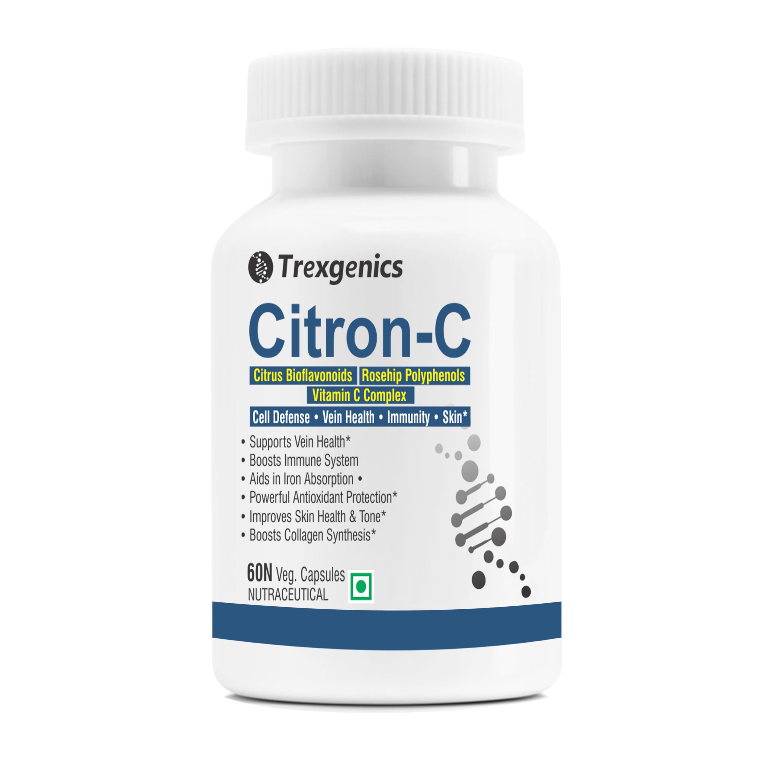 Trexgenics Citron-C Citrus Bioflavonoids 20%-Rosehip 35%-Vitamin C Complex 650mg - Collagen Builder, Vein Health, Immunity, Antioxidant & Skin (60 Veg. Capsules)