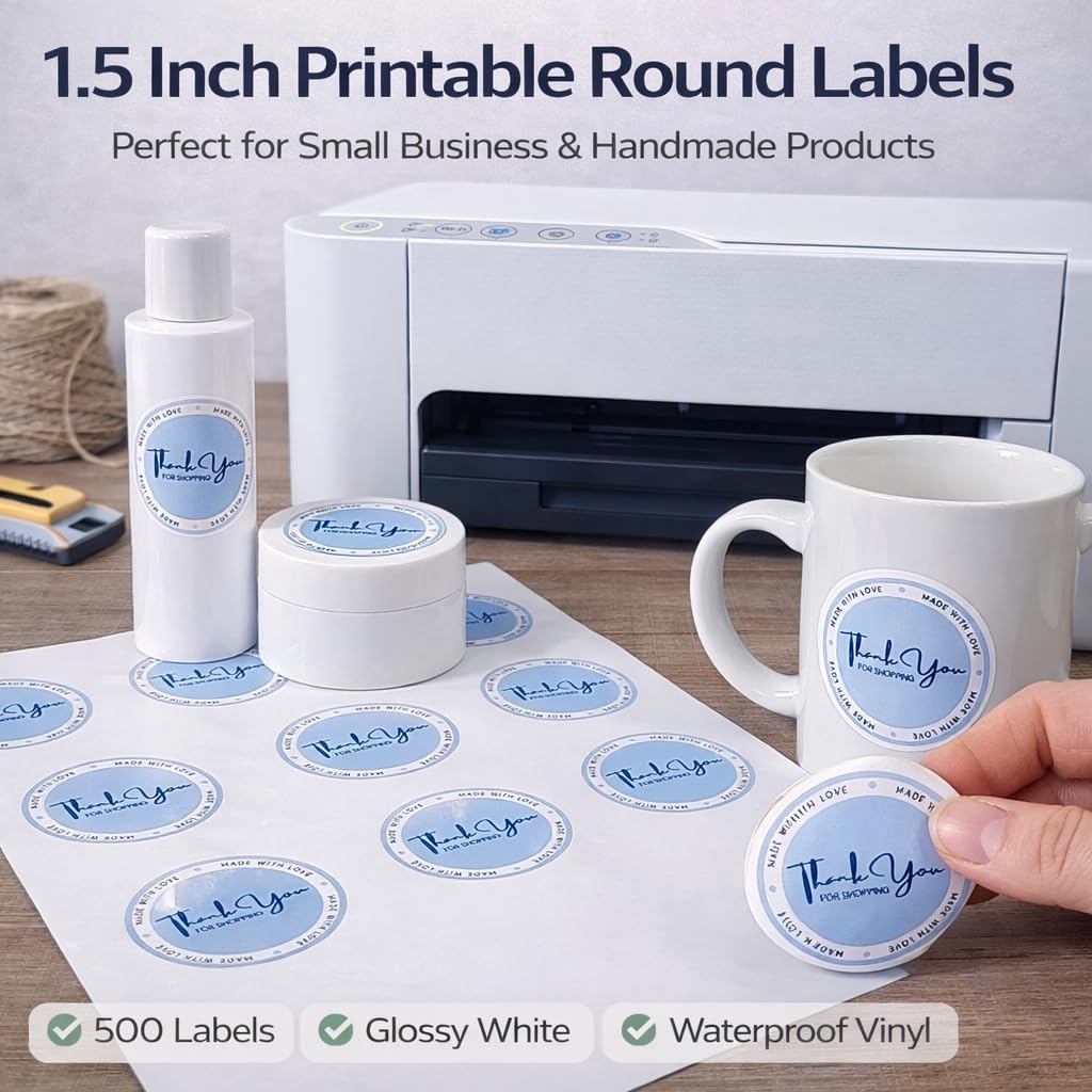 500 Printable Glossy White 1.5 inch Round Labels, Waterproof Vinyl Sticker Labels for Inkjet or Laser Printer - Image 4