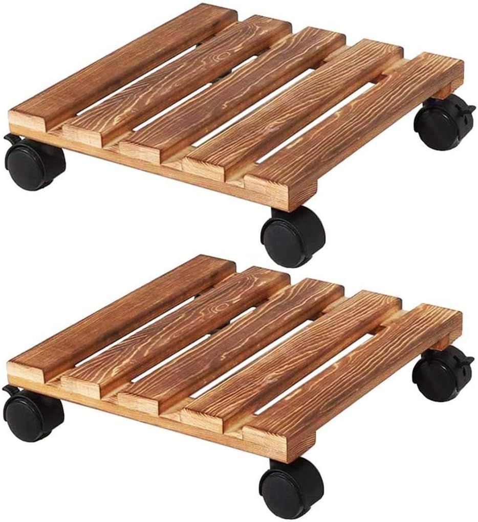 Planter Caddies,Rolling Wooden Planter Caddy Potted Plant Stand,Heavy Duty Cast Iron Plant Caddy,Load Bearing:100kg,for Indoor, Outdoor, Home, and Garden,Wood Color