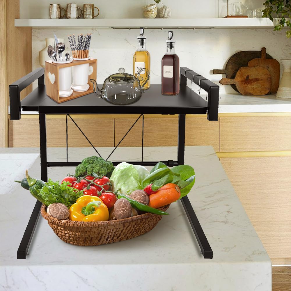Supfine Étagère pour micro-ondes, extensible à 2 niveaux avec 3 crochets, étagère peu encombrante et organiseur, longueur extensible : 40 à 65 cm (noir)