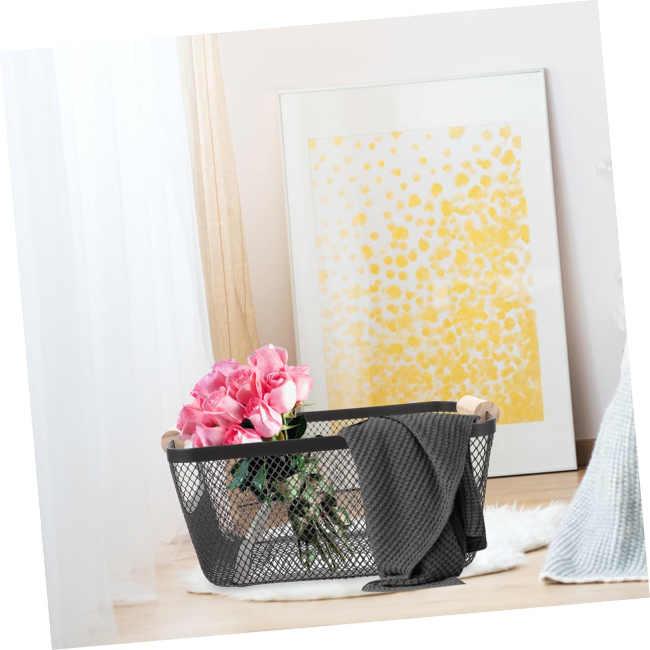 2 Stück Schwarze Metallkörbe Holzgriffen Robuste Drahtkörbe zur Aufbewahrung für Küche Bad Flur Vielseitige Organizer Platzsparend und Langlebig für Gemüse und Haushalt