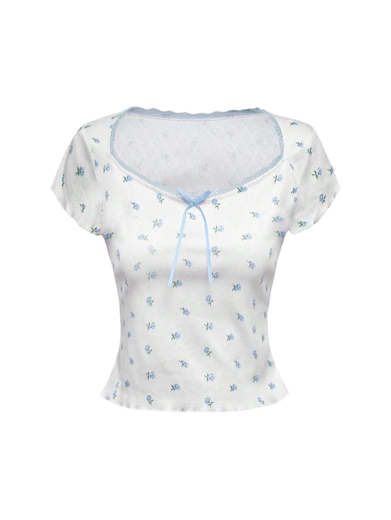 SOLY HUX Women's Summer Short Sleeve Y2k Tees Ditsy Floral Lace Bowknot Tshirts Kawaii Crop Tops