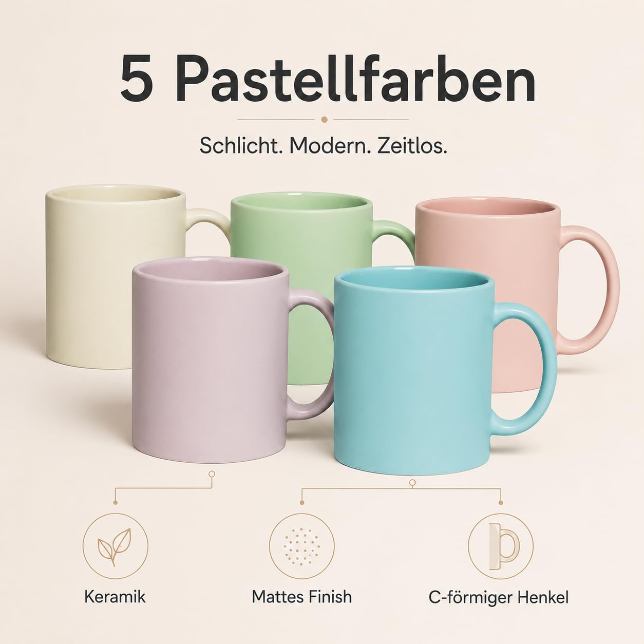 Pastell Tassen 330 ml – bunte Tassen, Kaffeetassen Set, Kaffeebecher Keramik matt mit Henkel, Cappuccino Tassen & Teetasse für Kaffee Tee, große Keramik Tasse für Büro Küche, 10er Set pro Farbe 2x