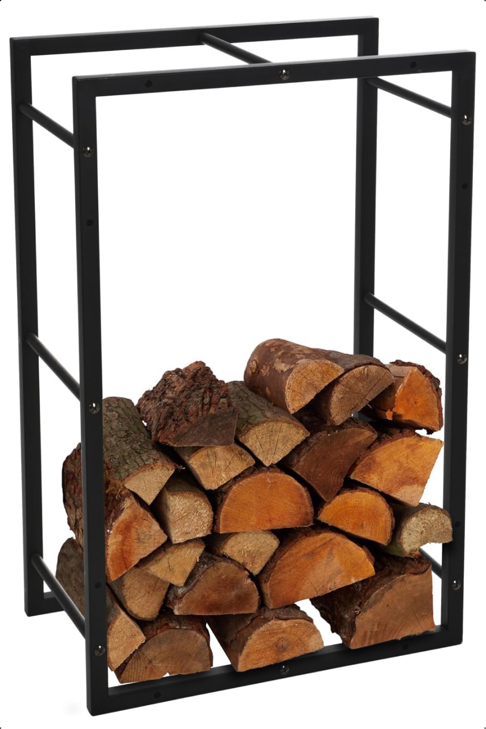 XL Large Black Metal Rectangular Log Store Fire Side on Raised Stand Wood Store