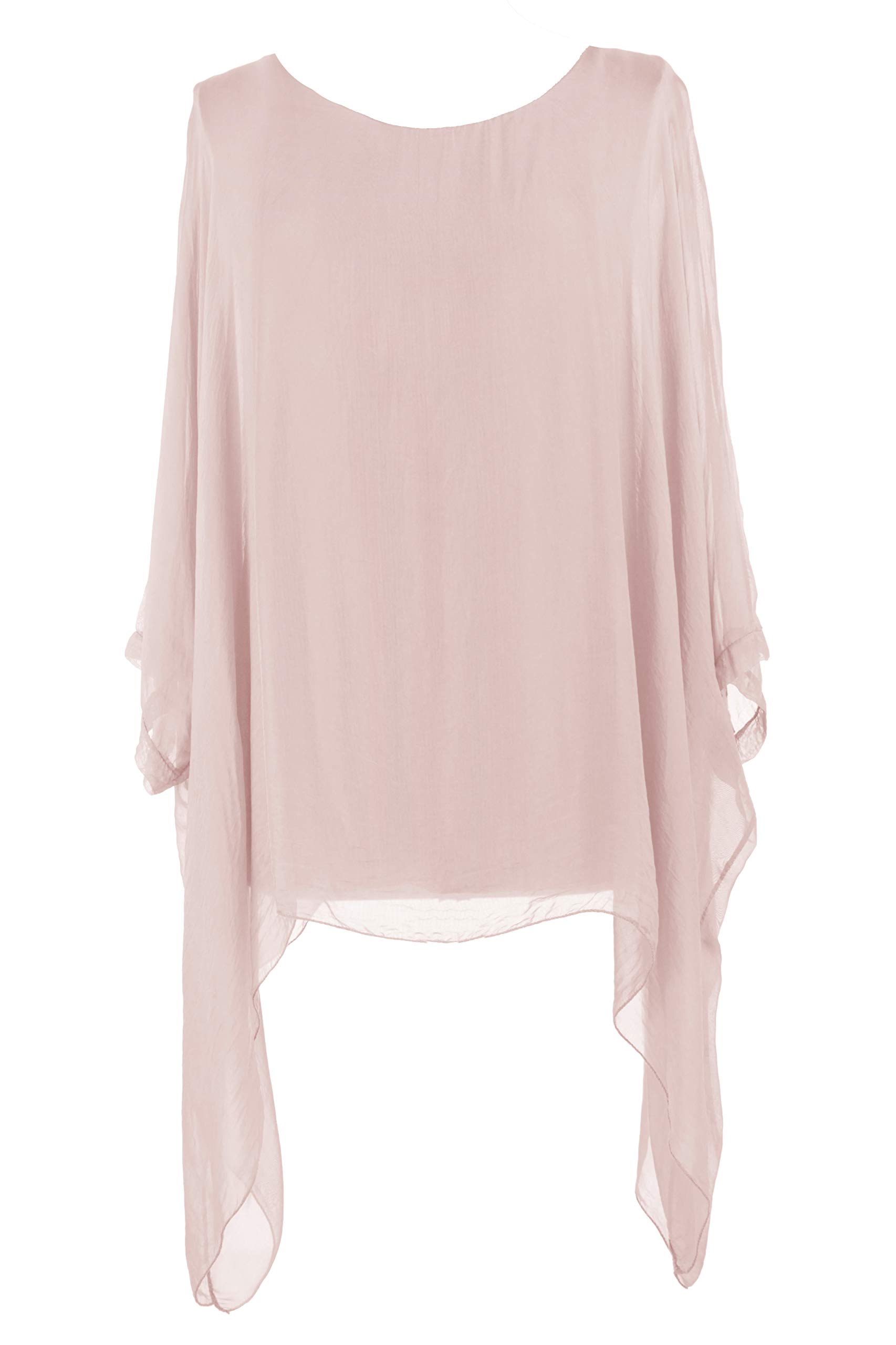 Texture Women's Light Pink Italian Lagenlook Batwing Short Sleeve Plain Flowy Silk Kaftan Tunic Top Blouse One Size Plus (, One Size)