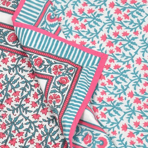 Image of BLOCKS OF INDIA Hand Block Printed Cotton Single Size Reversible Malma Dohar for Summer (Turquoise Pink Jaal, 200 Tc)