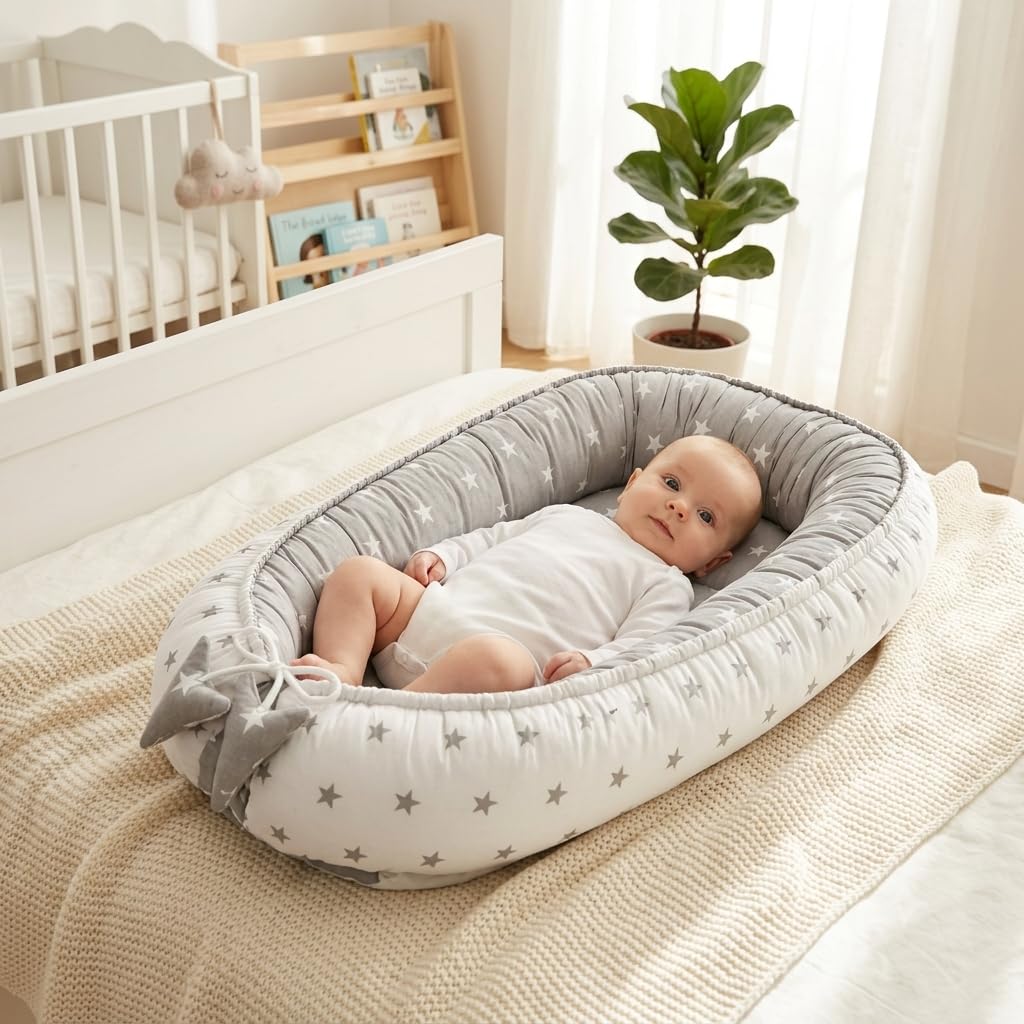 PIMKO Gniazdko niemowlęce do przytulania dla niemowląt, 2-stronny kokon dla niemowląt i noworodków, 100% bawełna, odpowiedni do domu, 55 x 90 cm, biały